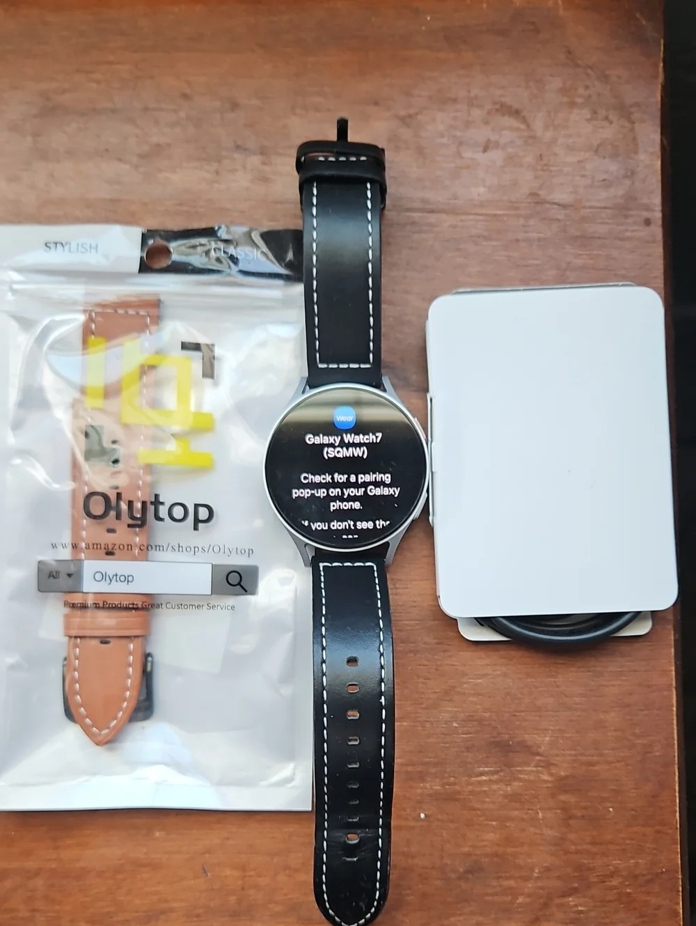 Samsung Galaxy 7 Black Smartwatch with Black Leather Strap and White Stitching